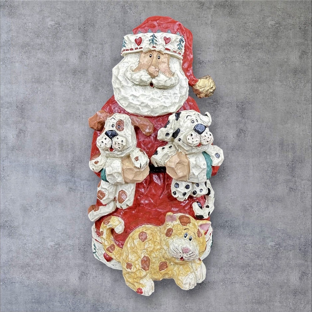 Santa's Pets With Dogs And Cat Carved Wood Look Home Interiors 1999 Vintage